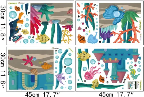 Vista 3 de Calcomanías de pared de peces marinos 3D bajo el mar, castillo, calcomanías de pared removibles de algas marinas, corales de medusas de burbujas