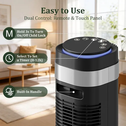 Vista 3 de Ventilador de torre para dormitorio, ventilador oscilante silencioso sin aspas de 28 dB con control remoto, 5 velocidades y 4 modos, temporizador