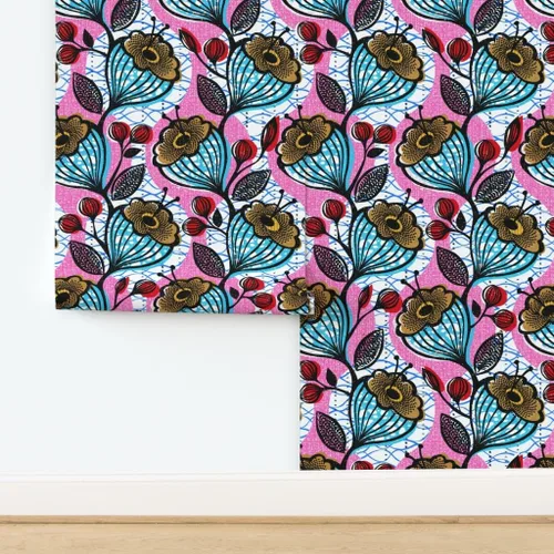 Vista 4 de Muestras de papel tapiz para despegar y pegar, impresiones florales africanas, flores, arte étnico de África, inspirado en Memphis, impresión