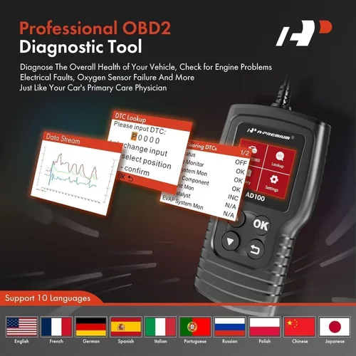 Vista 6 de A-Premium AD100 Herramienta de diagnóstico universal OBD2 escáner, lector de códigos de coche OBDII/EOBD/CAN, comprobar la luz del motor/leer