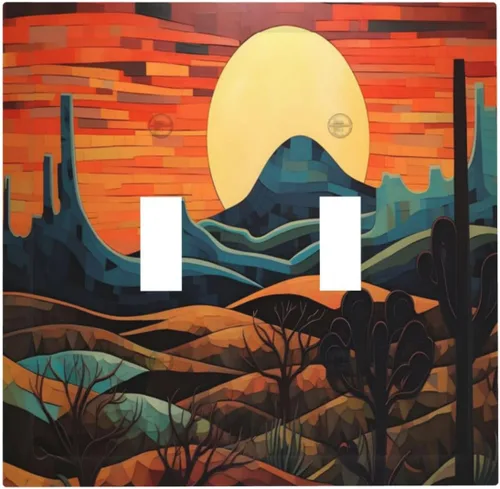 Vista 18 de Cubiertas de Salida Decorativas Boho Midcetury Oro Paisaje de Montaña del Sol 1 Banda Cubierta de Placa de Pared Receptáculo Interruptor de Luz