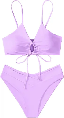Vista 3 de Seafung Conjunto de bikini sexy con nudo para mujer, traje de baño de corte alto de 2 piezas