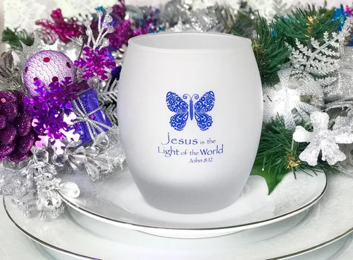 Vista 3 de Jesús es la luz del mundo inspirador de cristal para té y portavelas votivo (azul)