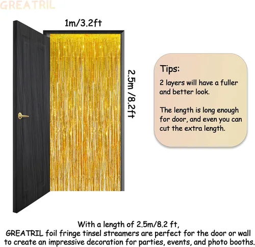 Vista 3 de GREATRIL Cortinas con flecos de lámina dorada, 2 paquetes y manteles plateados para fiestas, 2 paquetes para decoración de fondo de fiesta