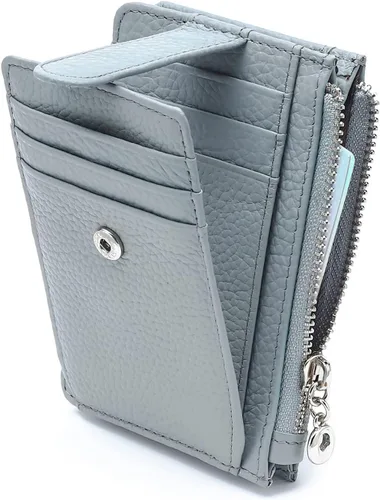 Vista 15 de Cartera delgada para mujer, de piel auténtica, tarjetero delgado con bloqueo RFID, carteras pequeñas