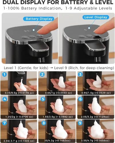 Vista 3 de Dispensador automático de jabón espumoso sin contacto, dispensador de jabón de manos inteligente recargable por USB, 9 niveles ajustables, 13.5 Negro