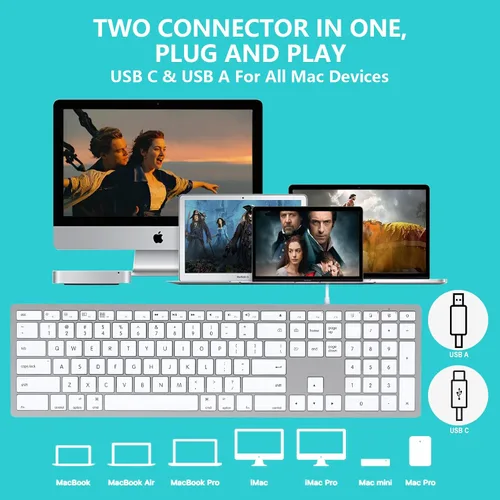 Vista 6 de Teclado con cable para Mac, teclado compatible con Apple, tamaño completo, 20 teclas de acceso directo multimedia, USB A/USB C, para Apple Mac