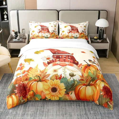 Vista 8 de Juego de funda de edredón de calabaza de otoño 100 % algodón, juego de ropa de cama de cosecha de Acción de Gracias para niños, niñas, adolescentes