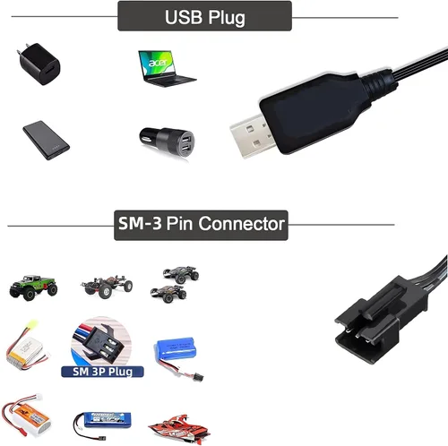 Vista 5 de Aliwisdom Cable universal de cargador de batería RC con enchufe SM-3 Pin para batería Lipo de 7.4V 2S, compatible con RC