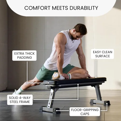 Vista 3 de Finer Form - Banco plano plegable de calidad de gimnasio para entrenamiento con pesas multiusos y ejercicios abdominales, tabla de entrenamiento