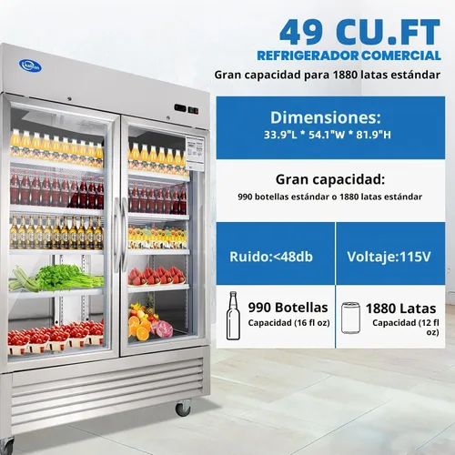 Vista 2 de Refrigerador de bebidas, refrigerador de bebidas de 49 pies cúbicos con puerta de vidrio, refrigerador comercial con 8 estantes ajustables