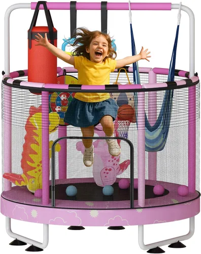 Vista 18 de LAMERGE Trampolín redondo 7 en 1 de 55 pulgadas para niños y niñas de 1 a 8 años, trampolín para interiores y exteriores para diversión, barandilla