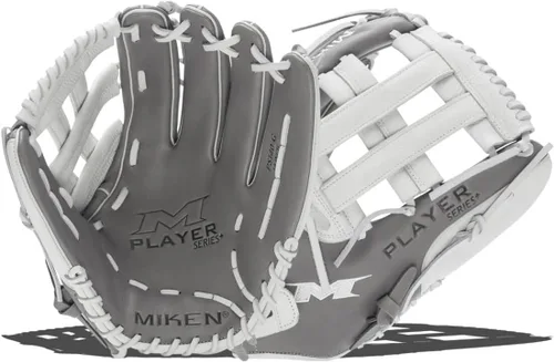 Vista 8 de Miken Player Series+ Infield Outfield Utility Slow Pitch Softball Glove 13” - 15” Size Grey White H-Web Right Hand Thrower Left Hand