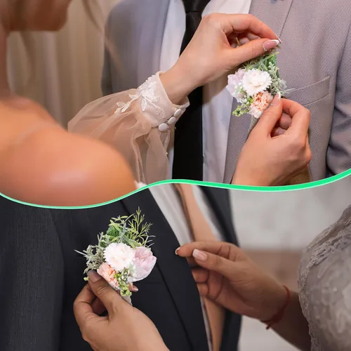 Vista 7 de Juego de 12 ramilletes de boda y boutonniere, pulsera de ramillete de boda con alfileres para baile de graduación, hombres, novia, fiesta