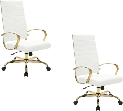 Vista 28 de LeisureMod Silla de oficina moderna de cuero con respaldo alto, silla de escritorio ejecutiva giratoria y ajustable con marco dorado, diseño Blanco
