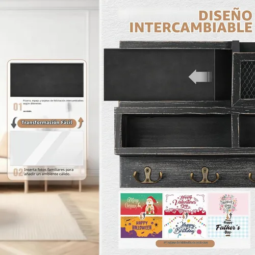 Vista 3 de Soporte de pared para llaves, correo de madera y organizador de llaves con pizarra y espejo, 3 tarjetas de felicitación, 8 ganchos, color negro