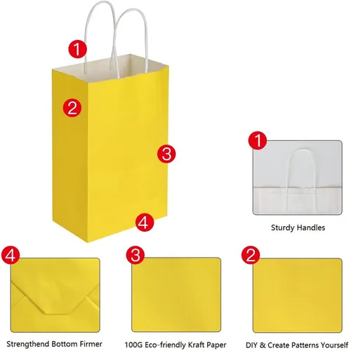 Vista 7 de Oikss Cada paquete de 50 bolsas pequeñas de papel kraft azul y amarillo con asas a granel