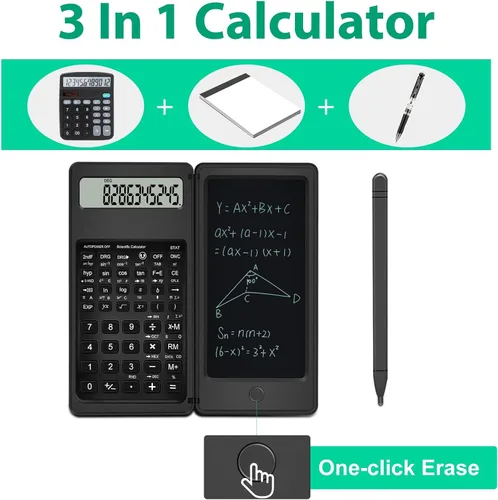 Vista 2 de Calculadora científica con bloc de notas, pantalla LCD de 10 dígitos, calculadora científica plegable, calculadora portátil con tableta de escritura