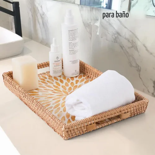 Vista 7 de Bandeja rectangular de ratán con incrustaciones de madreperla, bandeja de ratán con asa para café, pan, frutas, aperitivos, bandeja decorativa