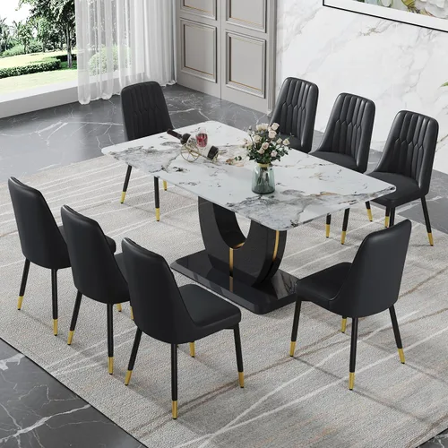 Vista 67 de JUFU Juego de mesa de comedor moderno para 4, juego de mesa de cocina rectangular de 63 pulgadas con mesa de mármol sintético y 4 sillas tapizadas