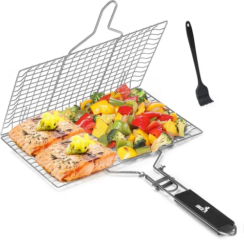 Vista 8 de UNCO- Cesta para parrilla de barbacoa, plegable, portátil, de acero inoxidable, con mango de madera extraíble y cepillo para untar, para verduras