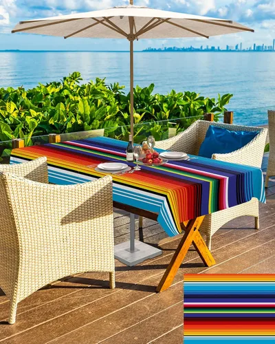 Vista 5 de Mantel rectangular a rayas de México para exteriores con agujero para paraguas, 60 x 84 pulgadas, sin arrugas, mantel de tela lavable, cubierta