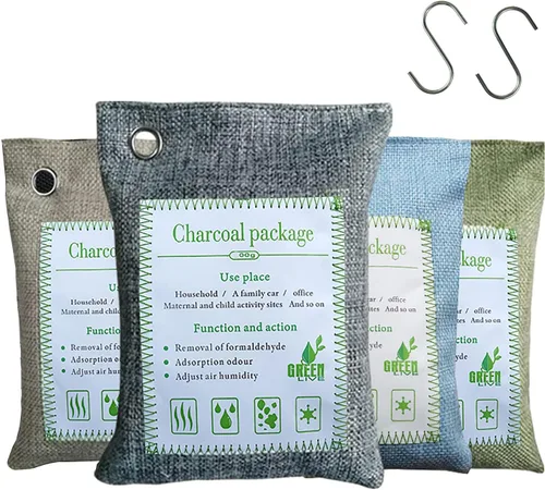 Vista 9 de Bolsas de carbón de bambú absorbentes de olores, 2 paquetes de 3.53 oz de bolsas desodorantes de carbón con ganchos, carbón de bambú natural, bolsas