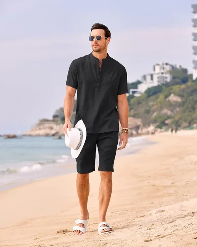 Vista 3 de COOFANDY Conjunto de 2 piezas de lino para hombre, camisas Henley casuales de manga corta, pantalones cortos de yoga para la playa, pantalones
