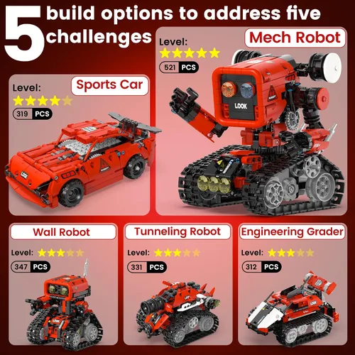Vista 3 de Kit de construcción de robots 5 en 1, aplicación STEM y robótica de Rojo