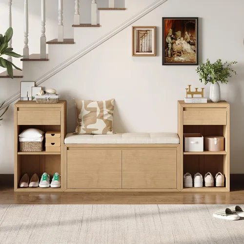 Vista 13 de SOFTSEA Banco de Almacenamiento Tapizado, Otomana de Almacenamiento con Cesta Removible y 2 Cajones, Banco de Zapatos de Estilo Granja con Cojín