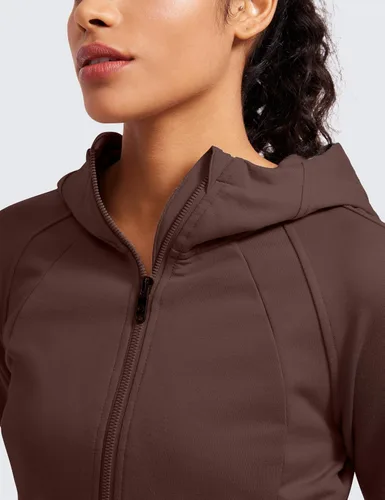 Vista 4 de CRZ YOGA Sudadera corta con capucha y cremallera completa para mujer, para entrenamiento, atlética, casual, manga larga, con agujeros para el pulgar
