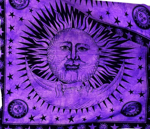 Vista 2 de Funda de edredón de teñido anudado celestial, sol, luna y estrellas, tamaño Queen/Twin, funda de algodón psicodélico, colcha bohemia con fundas