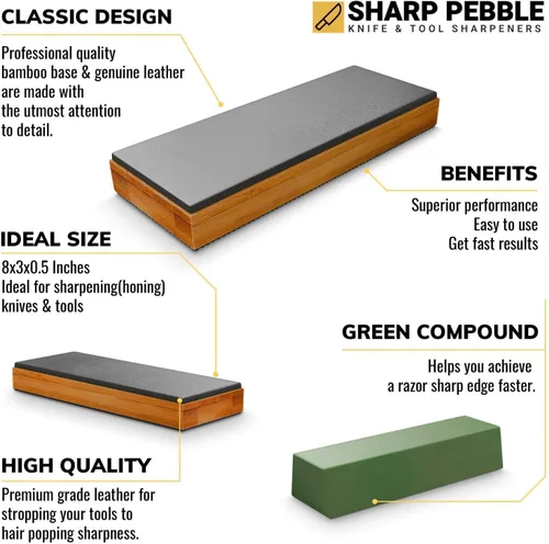 Vista 3 de Sharp Pebble Kit de piedras para afilar cuchillos con 400/1000 y punzón de cuero clásico con piedra aplanadora y compuesto verde