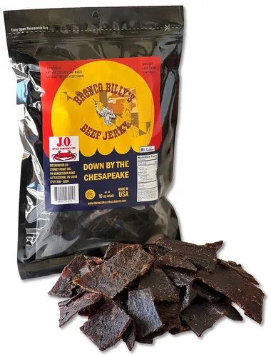 Vista 9 de Bolsa resellable de media libra de carne de res con sabor a bourbon Bronco Billy's Beef Jerky