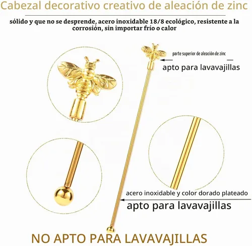Vista 3 de 4 piezas de agitadores de cóctel Bumble Bee, varillas de acero inoxidable de 19 cm con parte superior decorada en oro para mezclar cócteles