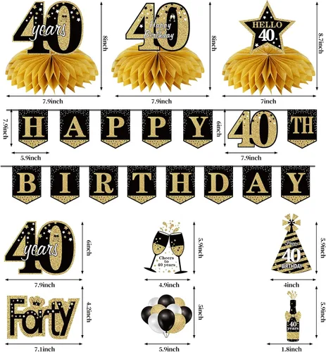 Vista 2 de Cartel decorativo de cumpleaños número 40 para hombres y mujeres, 10 piezas de pancarta de feliz cumpleaños 40, kit de espirales de nido de abeja