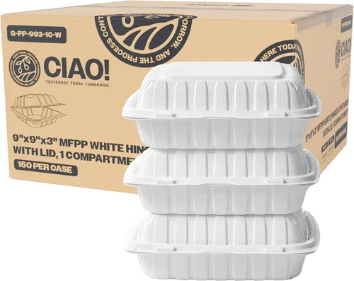 Vista 21 de CIAO! Contenedor negro con bisagras MFPP de 6"x6"x3" con tapa, 1 compartimento (caja de 300)