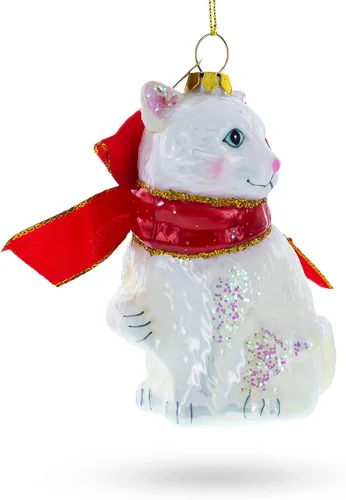 Vista 2 de Gato blanco con bufanda roja adorno navideño de cristal Hand Painted, Ready to Hang, Gift Tagged