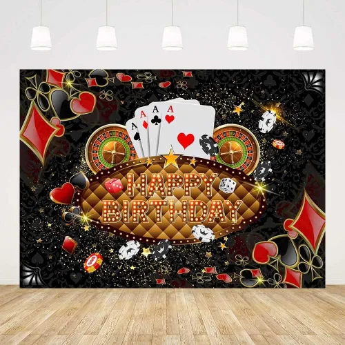 Vista 3 de AIBIIN Telón de fondo de feliz cumpleaños de 7 x 5 pies, decoración de fiesta de cumpleaños de Las Vegas, dados de Las Vegas, cartel de fiesta