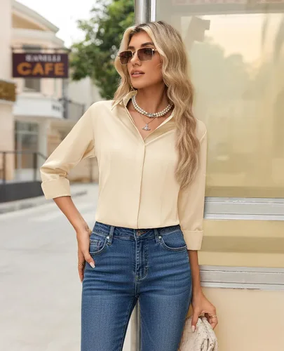 Vista 6 de Gleeivy Camisa con botones para mujer, solapa con botones ocultos, ligera, transpirable, resistente a las manchas, manga larga, trabajo e informal