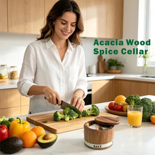 Vista 2 de ThougrLyh Bodega de sal, recipiente de sal de madera de acacia con tapa y cuchara, etiqueta de caja de sal grabada desmontable y cierre magnético
