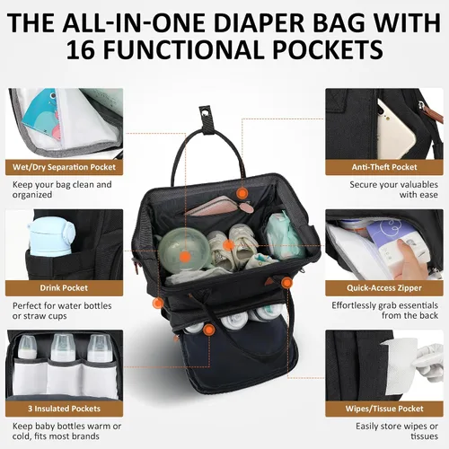 Vista 3 de Mochila para pañales para bebé, niña, niño, viaje, diseño unisex con funda para chupete, bolsillo para robo, cambiador, Negro -, Mochilas de viaje