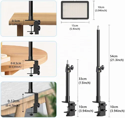 Vista 2 de Paquete de 2 luces clave de transmisión con soporte de escritorio, soporte de abrazadera en C, luz de panel de video regulable para grabación