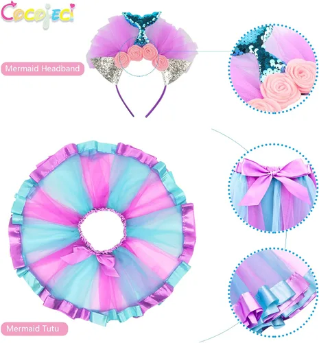 Vista 3 de Cocojeci 5 tutú de arcoíris en capas con ala de unicornio, diadema de sirena de unicornio, regalo para niñas