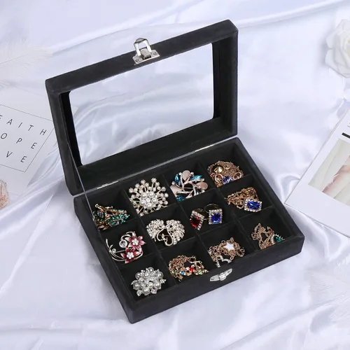 Vista 2 de STYLIFING Bandeja de terciopelo para joyas de 12 rejillas, tapa transparente, vitrina de joyería con cerradura para niñas y mujeres