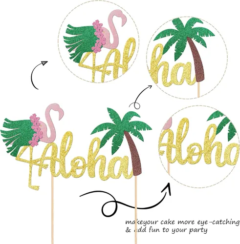 Vista 3 de 1 decoración para tarta de Aloha con purpurina para baby shower, paleta, palmera, flamenco, decoración para verano, hawaiano, Luau, tropical, Aloha