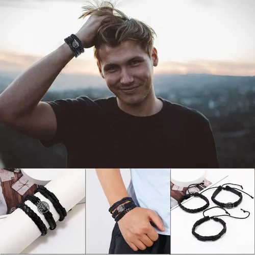 Vista 5 de MOZAKA 36 pulseras de cuero trenzado para hombres y mujeres, hechas a mano, pulseras de cuentas de madera, pulseras étnicas tribales vintage, juego