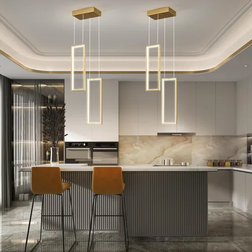 Vista 5 de Accesorio de Lámpara Colgante Moderna para Cocina Dorada 18W LED Lámpara Colgante 2 Anillos Candelabro Rectangular Iluminación Colgante para Isla