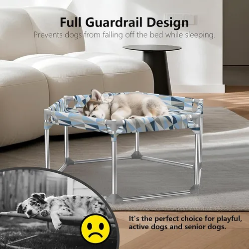 Vista 2 de Cama elevada para perros con barandilla completa, sofá cama elevada para perros, cama hexagonal para cachorros, cuna refrescante para mascotas al