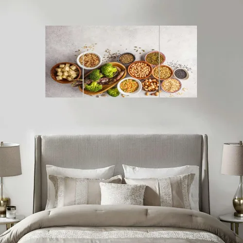 Vista 2 de Fuente de proteína vegana, frijoles de tofu, garbanzos, nueces y semillas, una parte superior blanca, decoración de pared grande, lienzo, pinturas